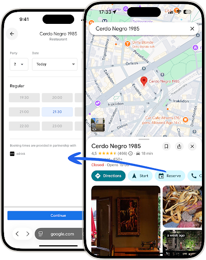 Cerdo Negro 1985 on Google Maps with a Reserve button, opening edrink's booking times