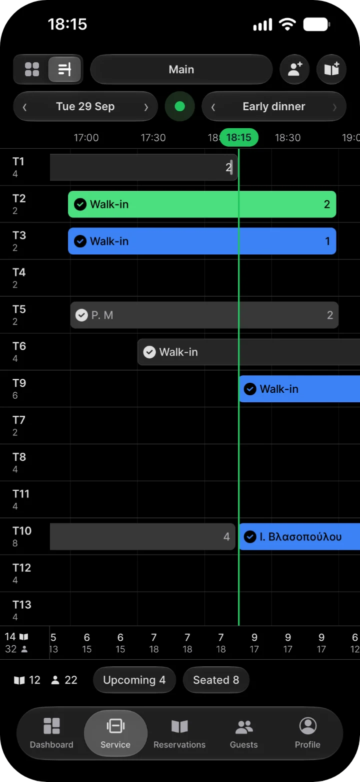 The timeline in the edrink manager app on an iPhone: every booking by table and time
